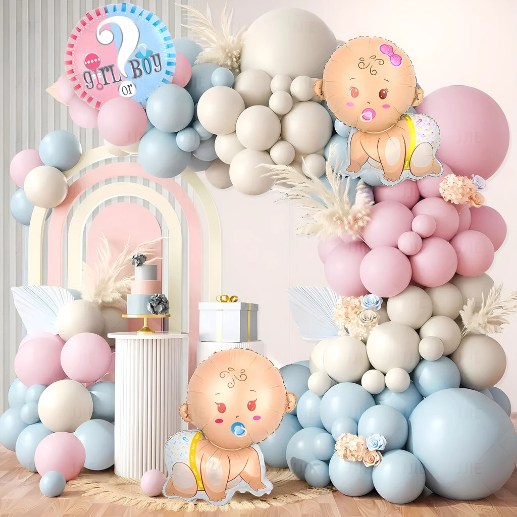 Baby gender reveal balloon decoration kit with aluminium foil balloons in blue and pink, including bottles, ribbon, and tape