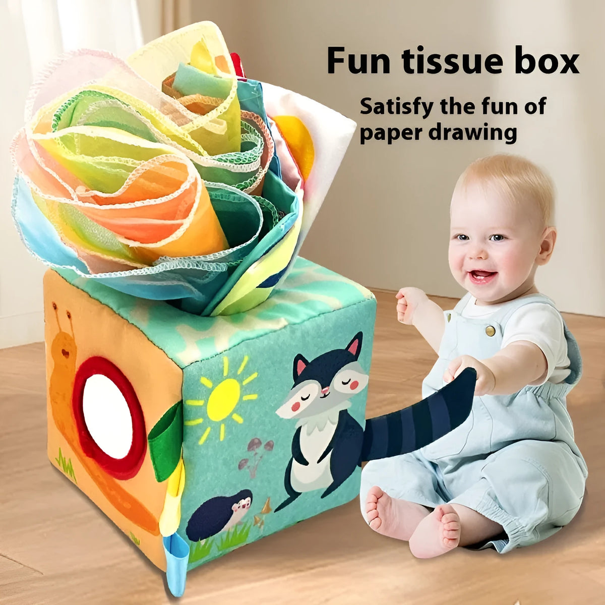 Early education fabric tissue box toy with silk scarves and paper rings for baby sensory play