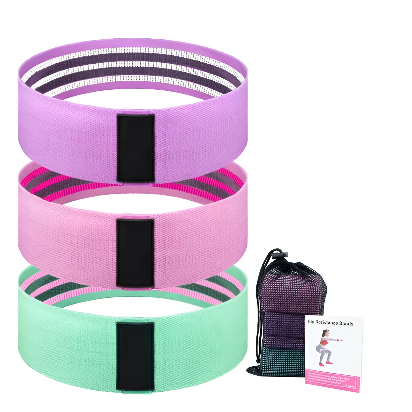 Set of three coloured fabric resistance bands and a net storage bag for home fitness.