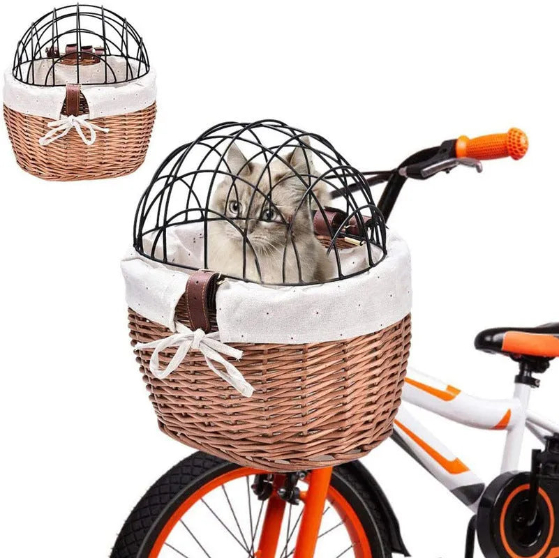 Honey wicker bicycle front handle basket for cats and dogs, medium size, mounted on handlebars