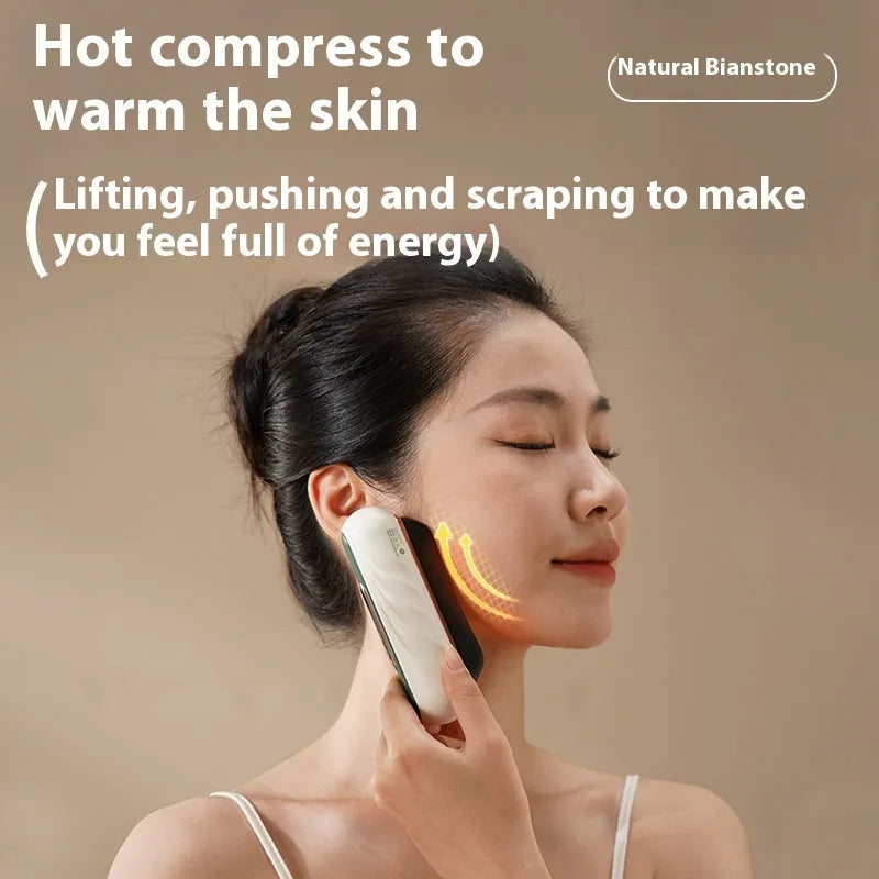 Golden yellow rechargeable electric scraping plate for hot compress and vibration massage therapy.