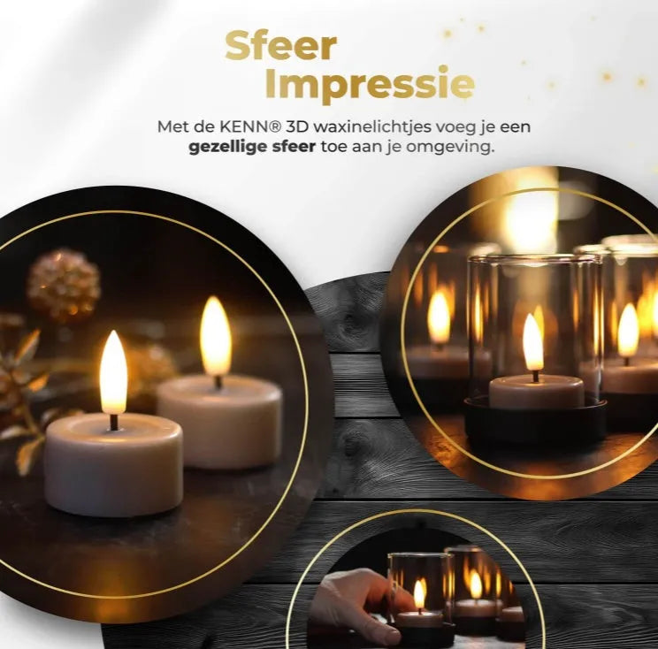Four taupe-coloured LED tealight candles with a glowing 3D flame effect on a table.