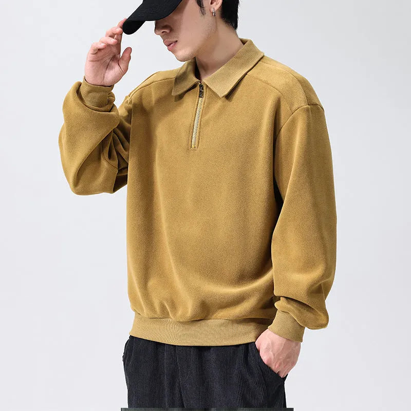 Men's fashion lapel half-zip fleece sweatshirt in black, long sleeves, hood, polyester cotton blend
