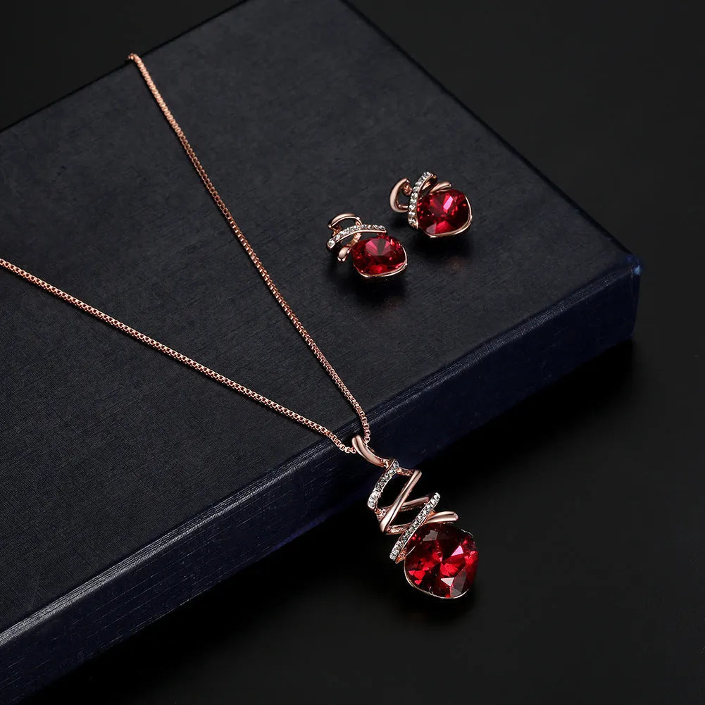 Women's alloy necklace and earring set with water wave chain and diamond-like detail on a white background.
