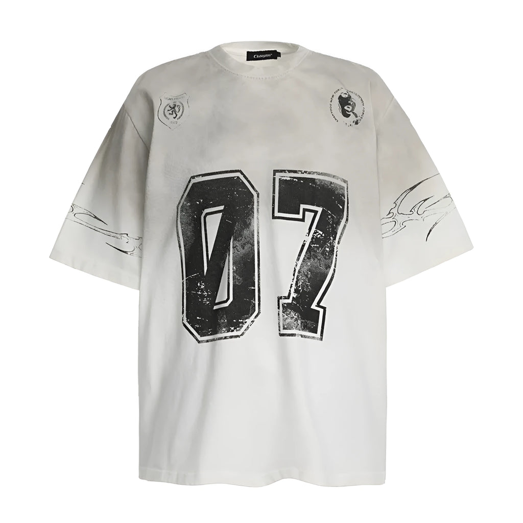 Men's black and white printed short-sleeved cotton t-shirt on a hanger, showing sizes S, M, L, XL.