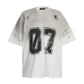 Men's black and white printed short-sleeved cotton t-shirt on a hanger, showing sizes S, M, L, XL.