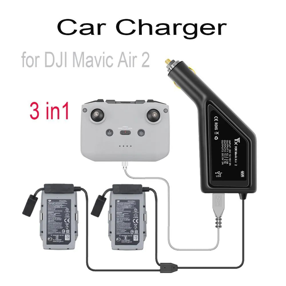 DJI Mini 2 dual electric car charger in metal black with two battery ports and USB output