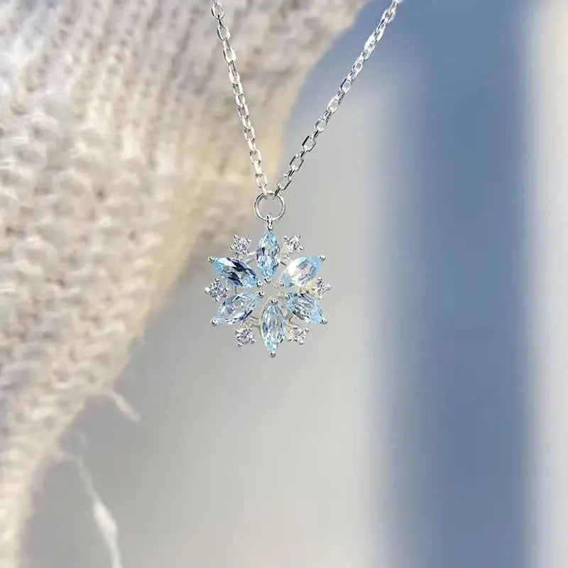 Sky blue snowflake pendant necklace for women with rhinestones, alloy chain, electroplated finish, 21-50cm circumference