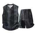Men's black-blue sleeveless vest suit with matching fifth-length shorts on a hanger.