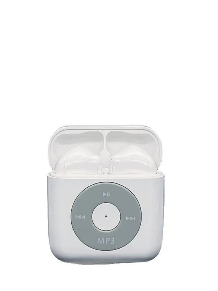 White wireless Bluetooth earphones with semi-in-ear design and a charging case.