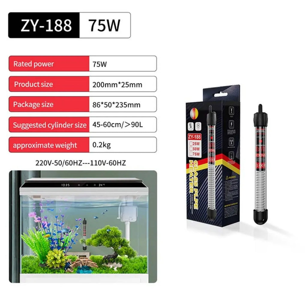Aquarium glass pipe heater with quartz thermostat for fresh and sea water tanks, available in 25W to 300W.