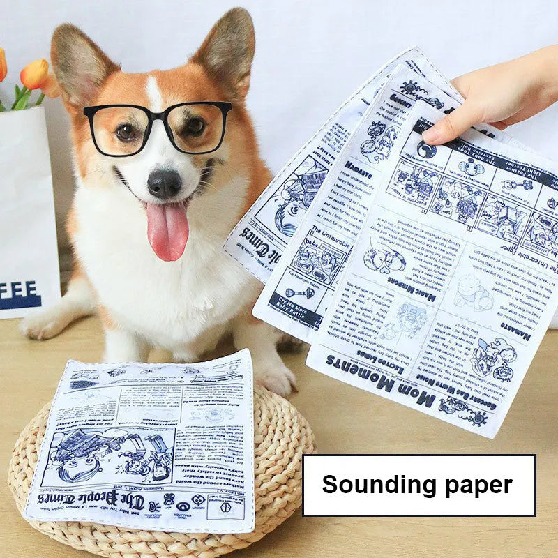 Tearproof squeaking dog toy designed like a newspaper playingcard for corgi and puppy chew play.