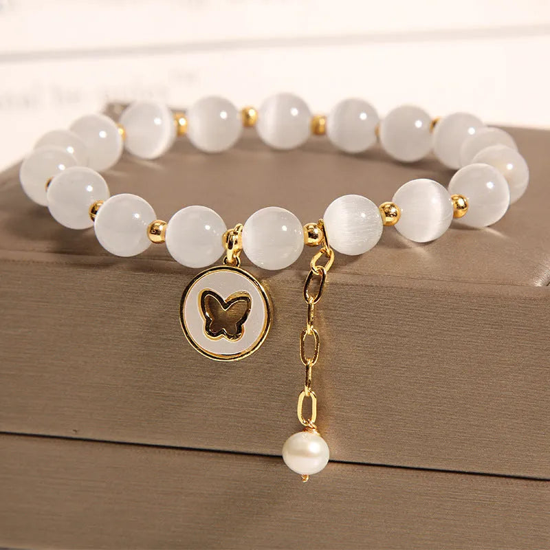 Korean-style white crystal cat's eye bracelet with geometric health care design