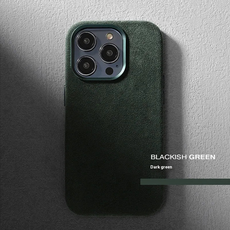High-grade suede mobile phone protective shell in Violet colour for iPhone, showing MagSafe compatible magnetic area.