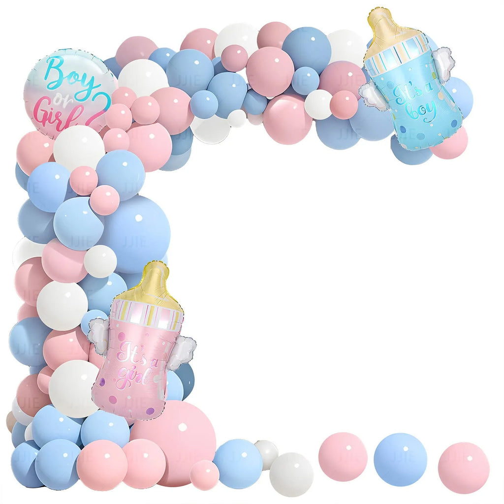 Baby gender reveal balloon decoration kit with aluminium foil balloons in blue and pink, including bottles, ribbon, and tape
