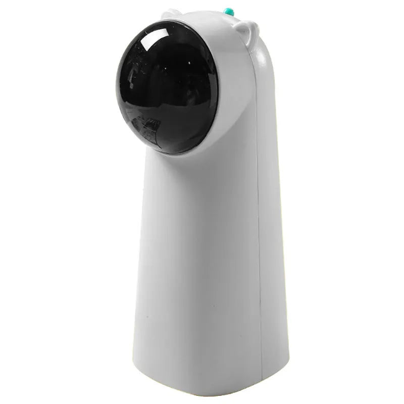 Automatic laser cat pole toy showing green with white plastic housing and LED red laser beam on floor