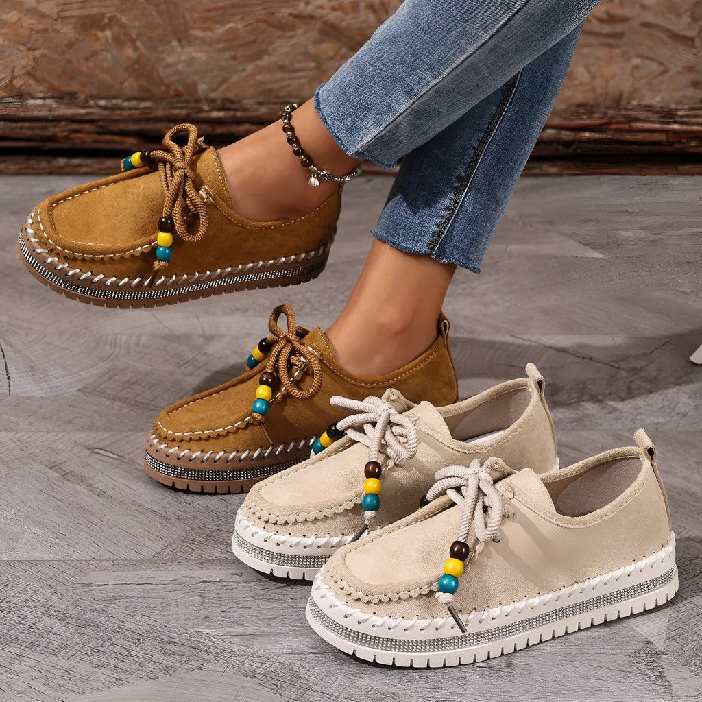 Retro full-covered women's flats in beige or camel suede with thick soft sole, round toe, and lace-up closure, sizes 36-43