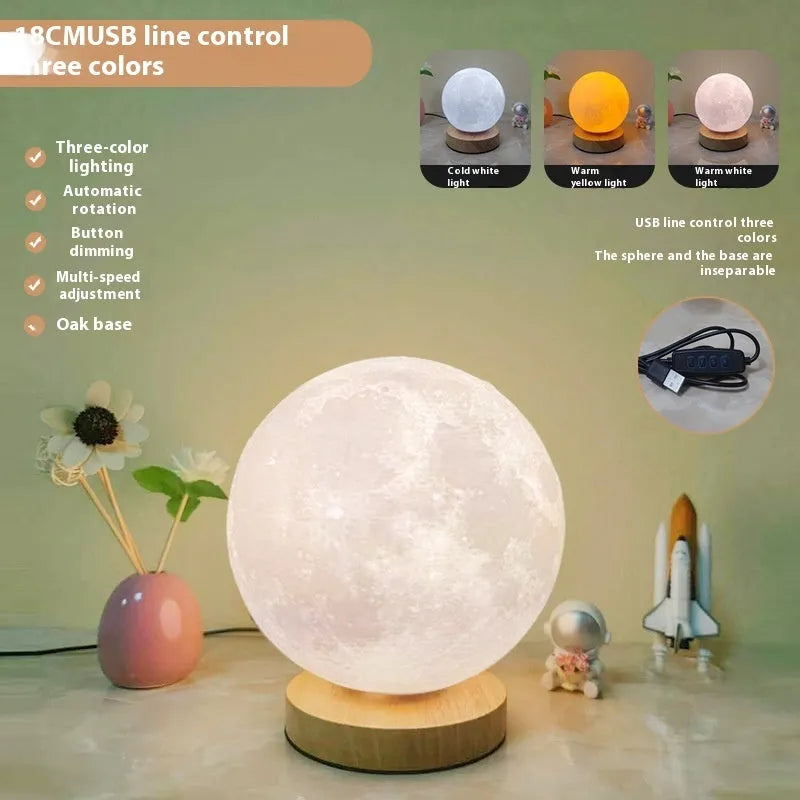 Rotating sleeping moon night lamp with wooden base in Nordic style