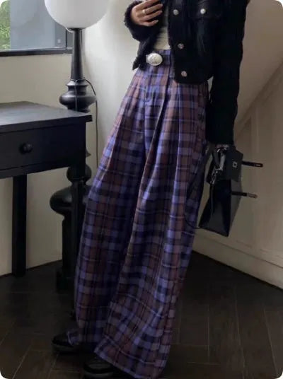 Purple plaid wide-leg high-waisted long trousers in Hong Kong retro style, sizes S to 4XL