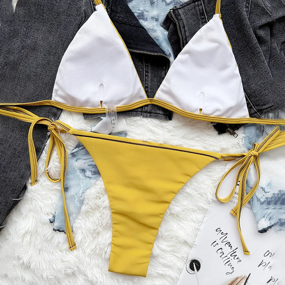 Yellow women's triangle strap bikini swimsuit in nylon, two-piece set, sizes S M L