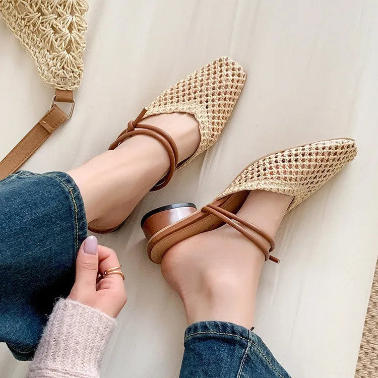 Women's French style square toe outdoor slippers with hollow-out breathable design and chunky retro heel