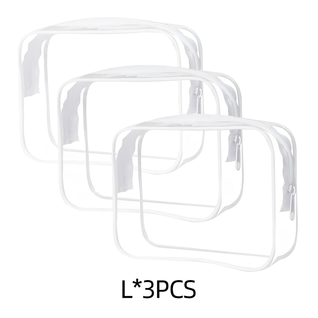 Three semi-transparent PVC makeup bags in black, pink and white colours showing cosmetic storage