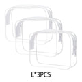 Three semi-transparent PVC makeup bags in black, pink and white colours showing cosmetic storage