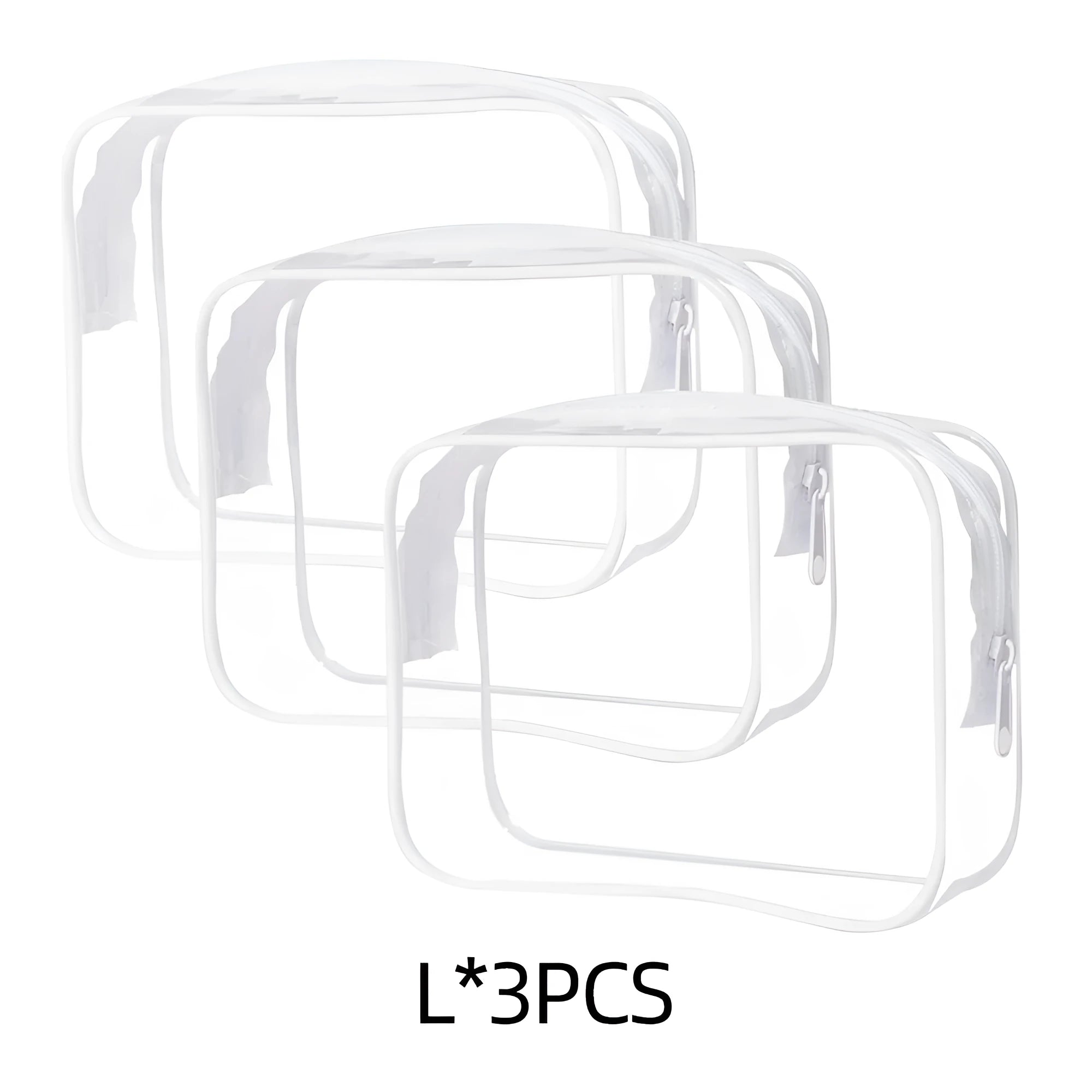 Three semi-transparent PVC makeup bags in black, pink and white colours showing cosmetic storage