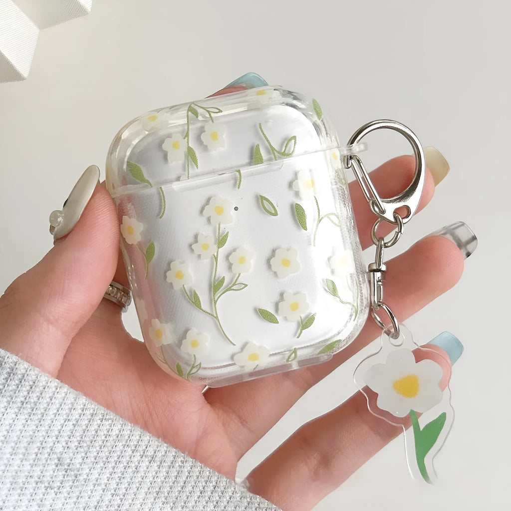 White floral pattern transparent TPU protective cover for Apple AirPods charging case