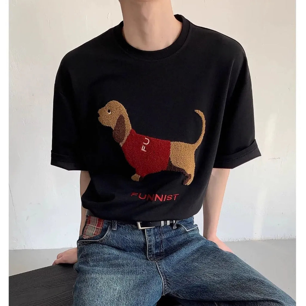 Men's grey cotton t-shirt with embroidered sausage dog design on chest, short sleeves, round neck