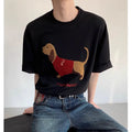 Men's grey cotton t-shirt with embroidered sausage dog design on chest, short sleeves, round neck