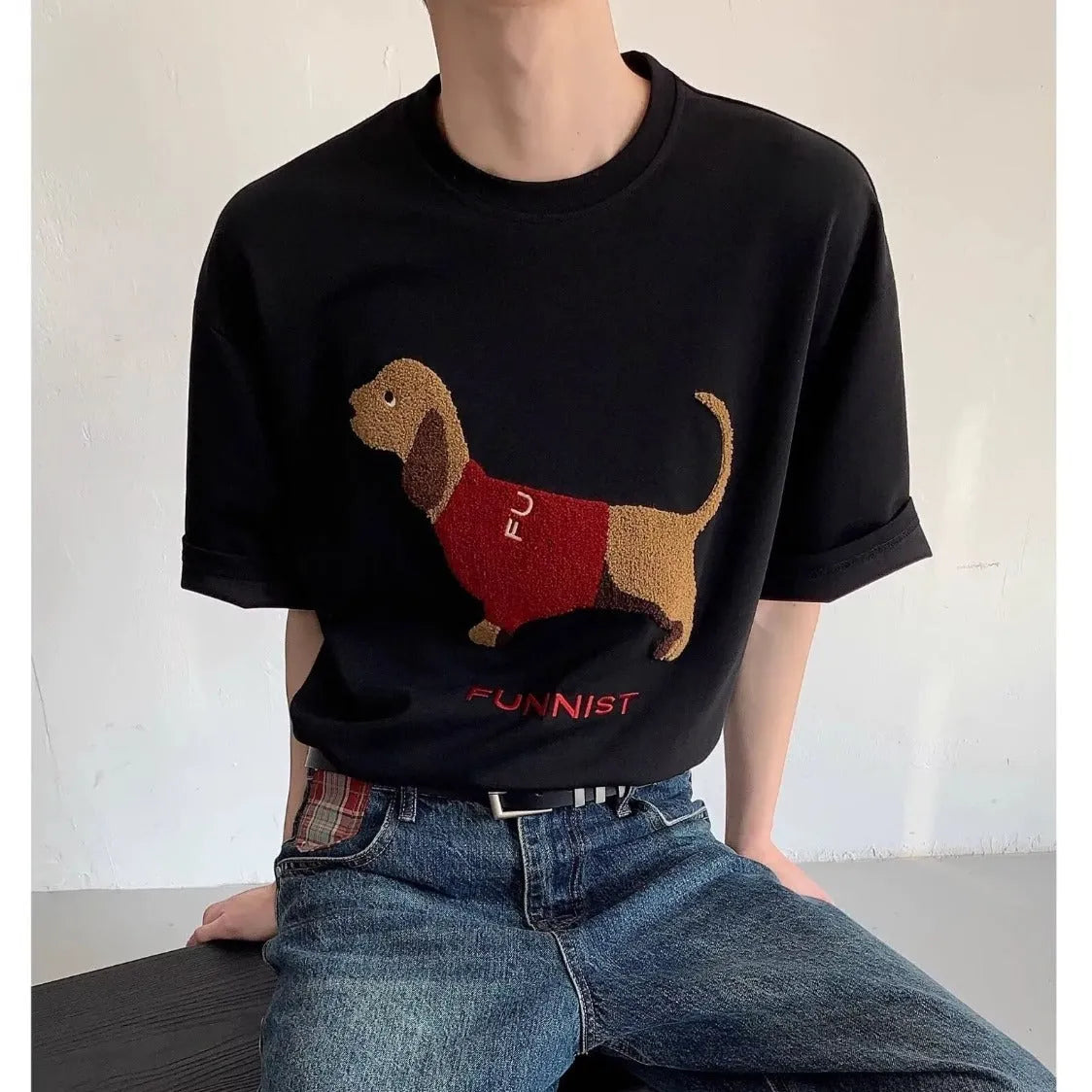 Men's grey cotton t-shirt with embroidered sausage dog design on chest, short sleeves, round neck