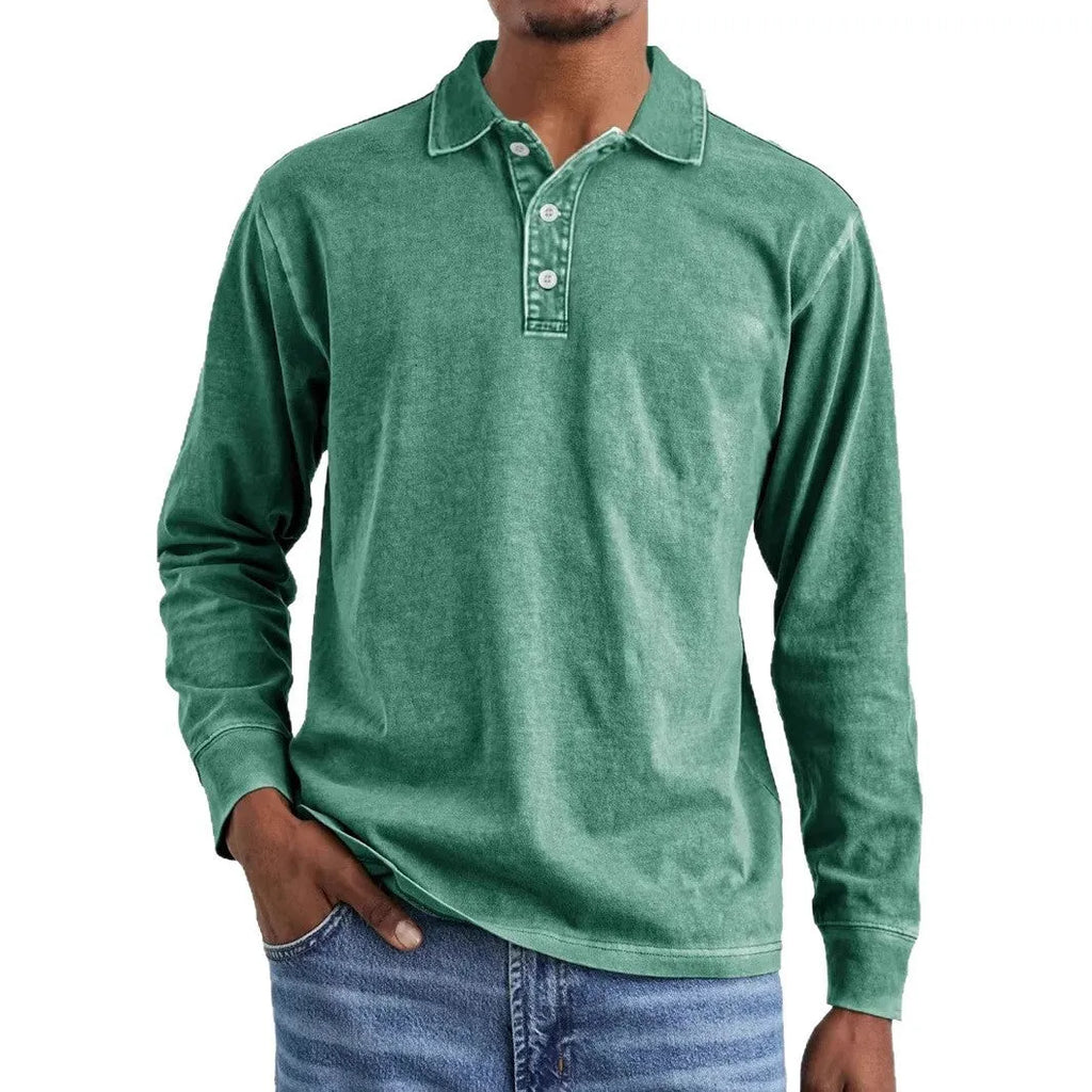 Retro washed long sleeve polo shirt in Army Green on a hanger.