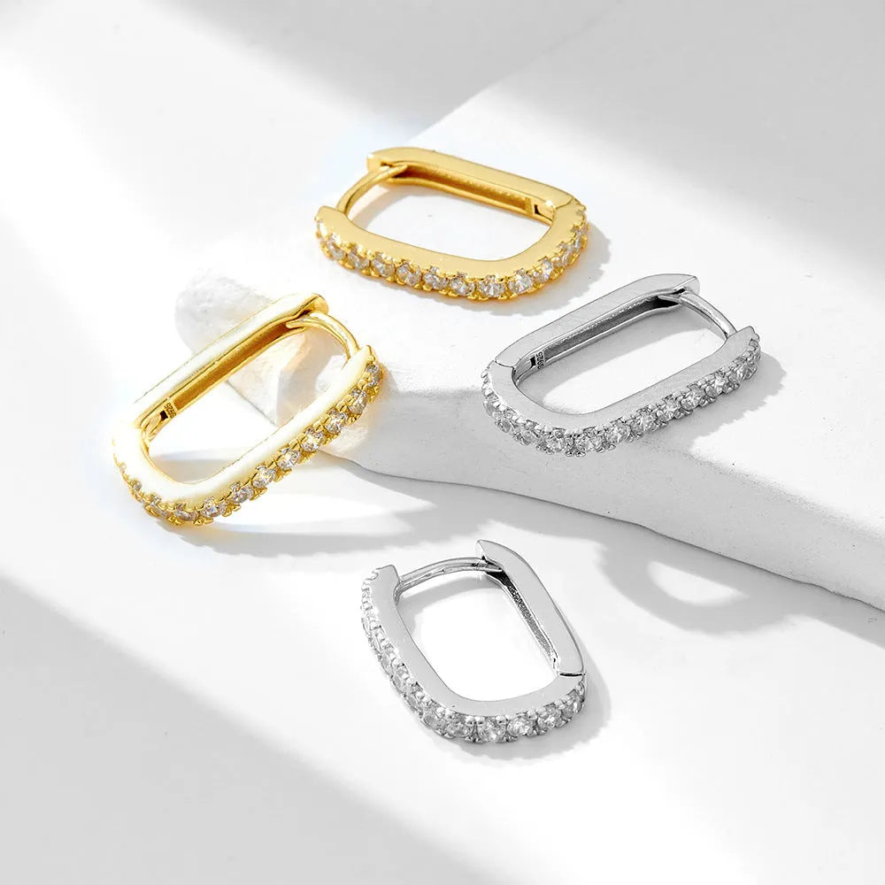 S925 sterling silver oval zircon earrings with geometric quadrilateral design in ear clip style