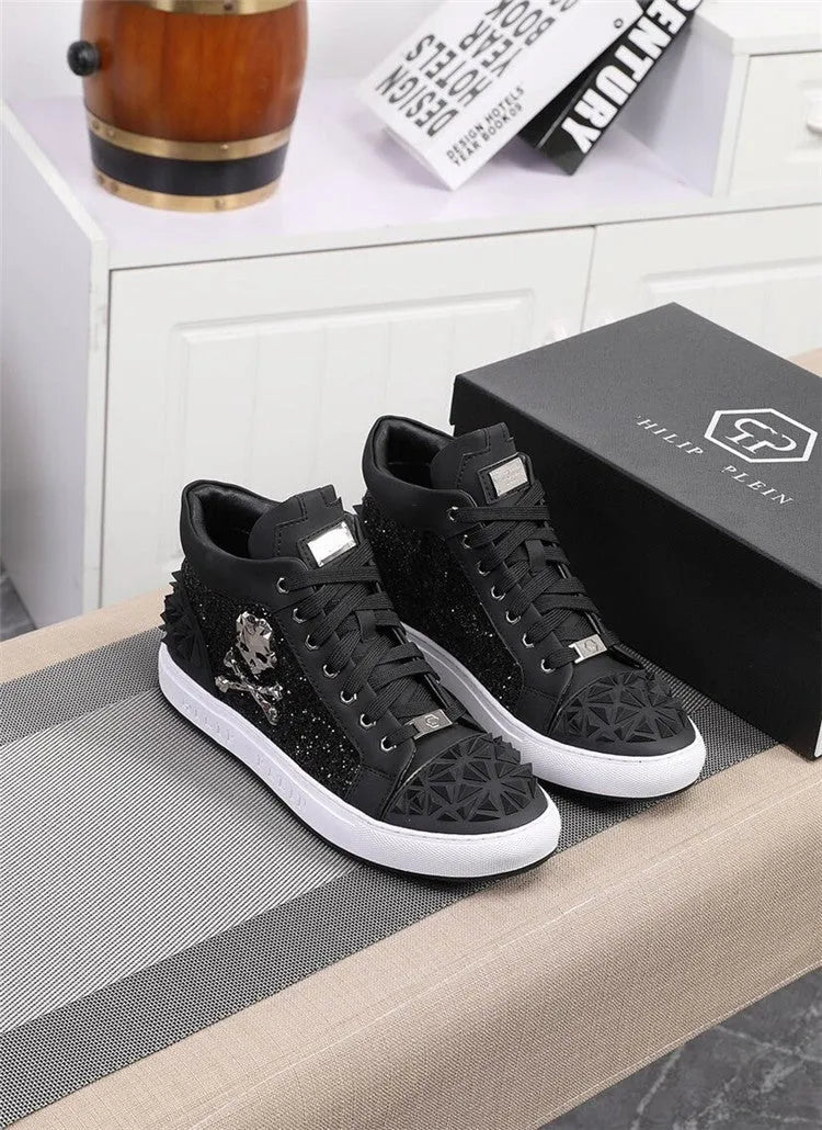 Men's black genuine leather high top skeleton shoes with red lace option