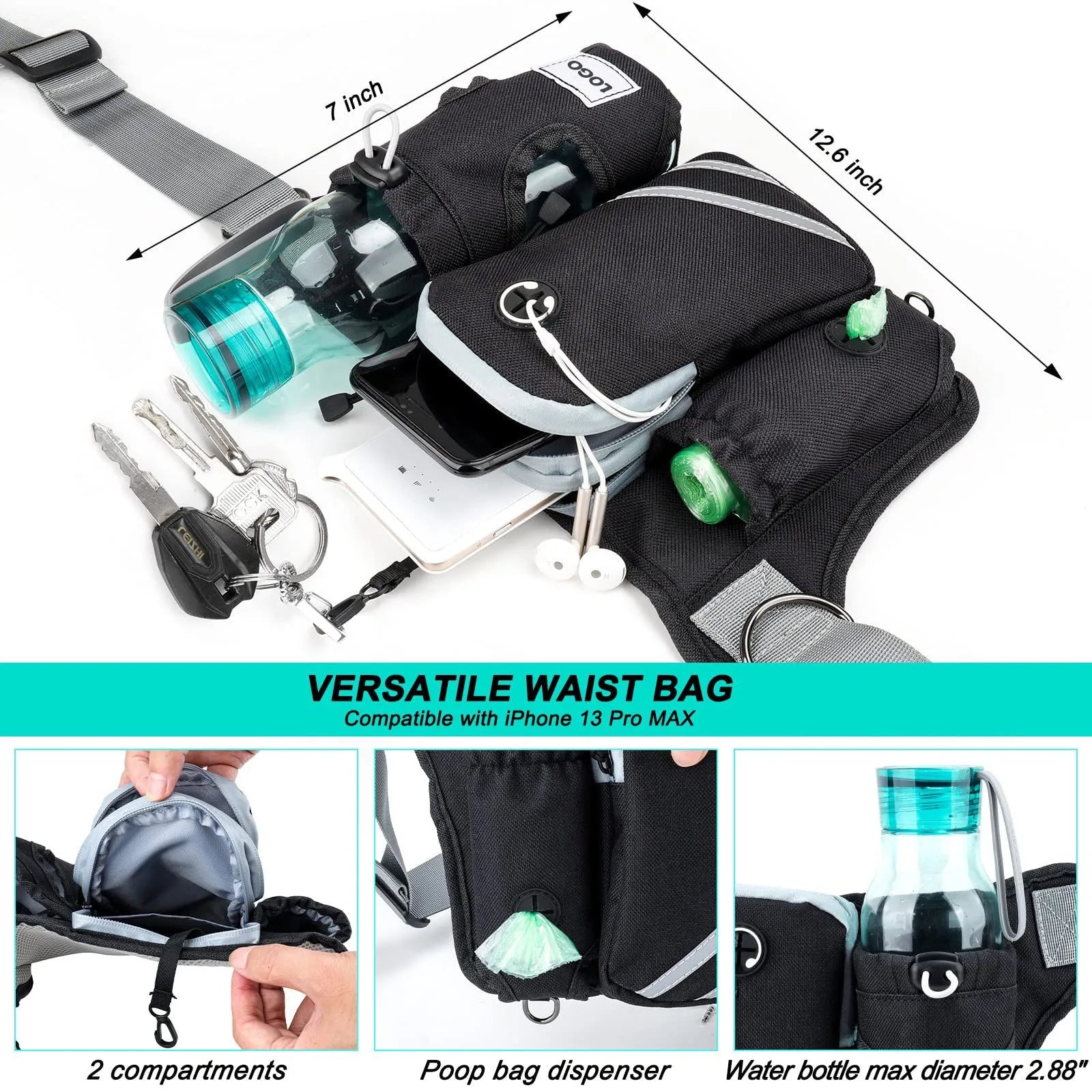 Black nylon pet training set showing waist bag with attached leash and matching dog collar