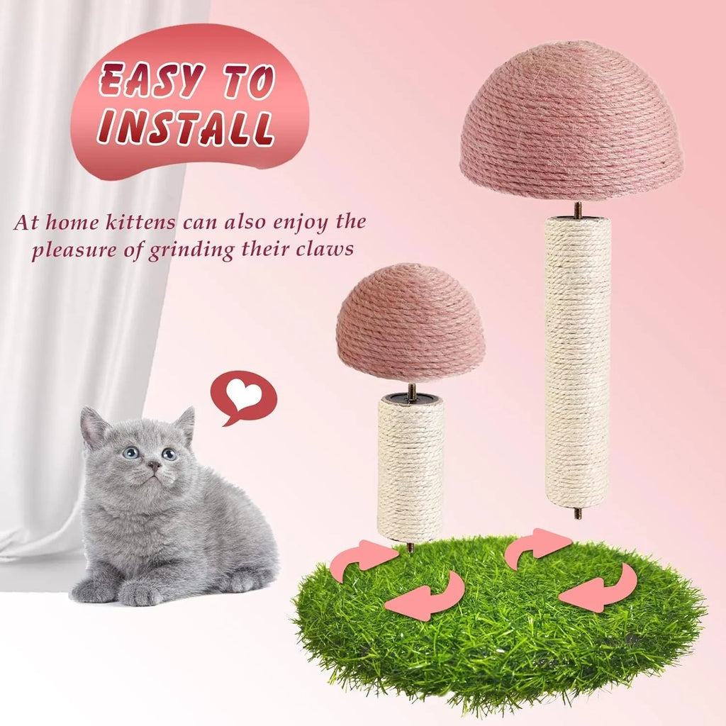 Pink mushroom-shaped cat scratching post with natural sisal caps and pole