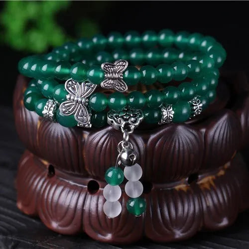 Green agate multi-layer bracelet with 6mm beads on chain design