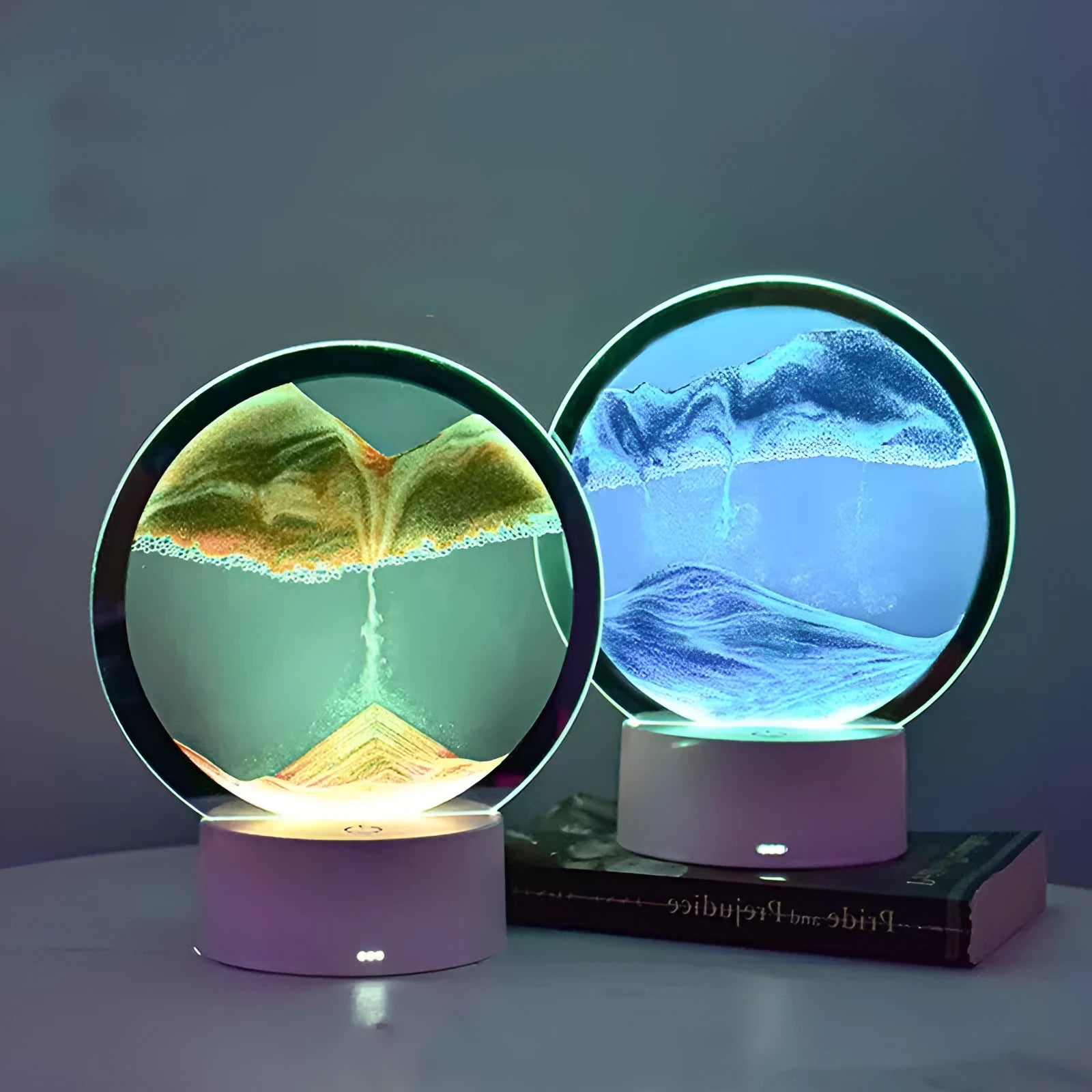 Creative 3D quicksand table lamp with touch switch and colour changing blue, orange, purple, red light.