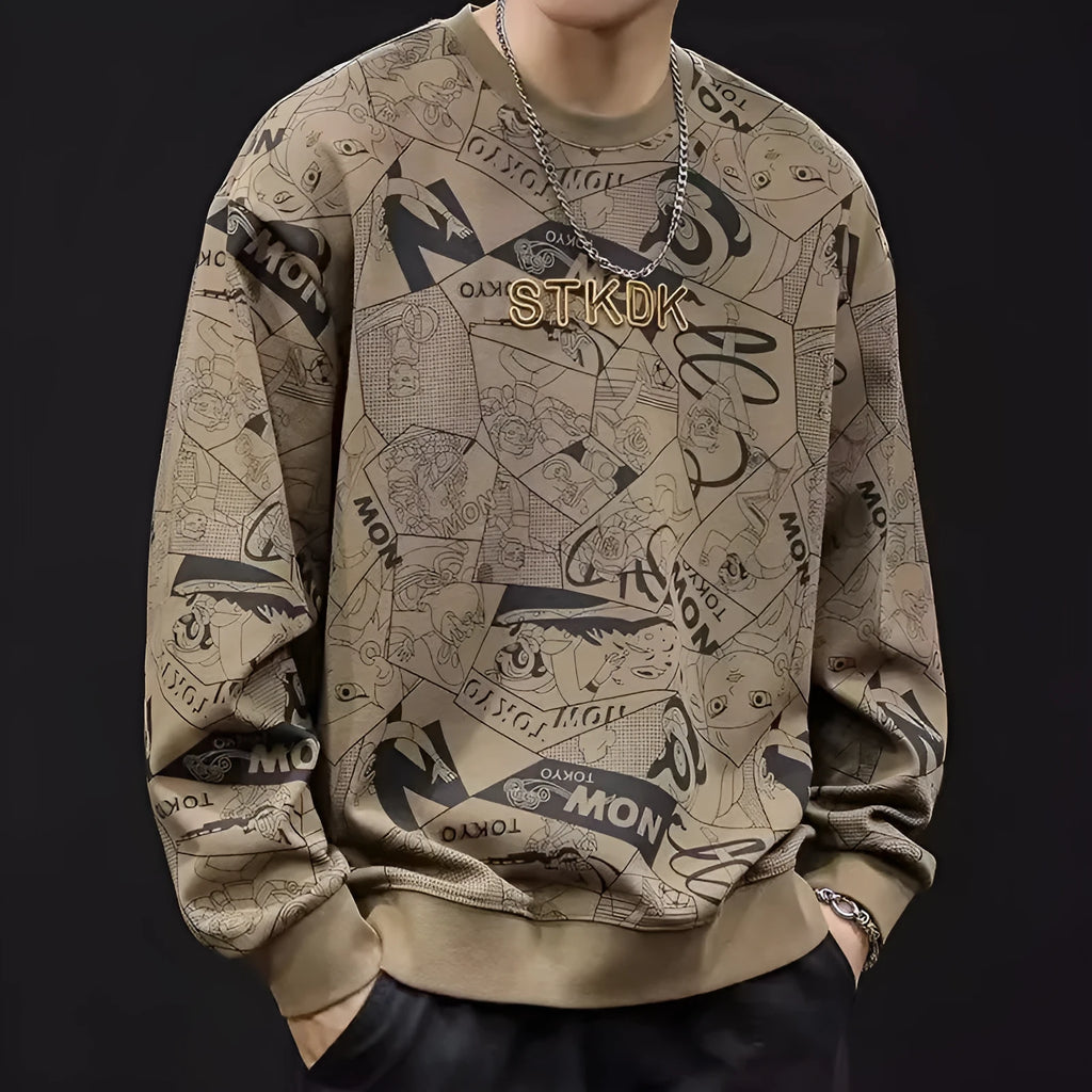 Men's round neck print sweatshirt in brown, loose fit, long sleeves, wool lining, plus size