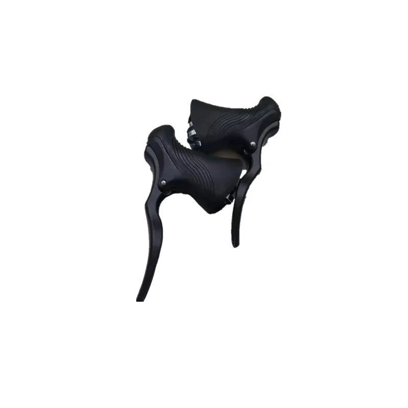 A pair of aluminium alloy road bicycle brake handles in black and black silver finishes.