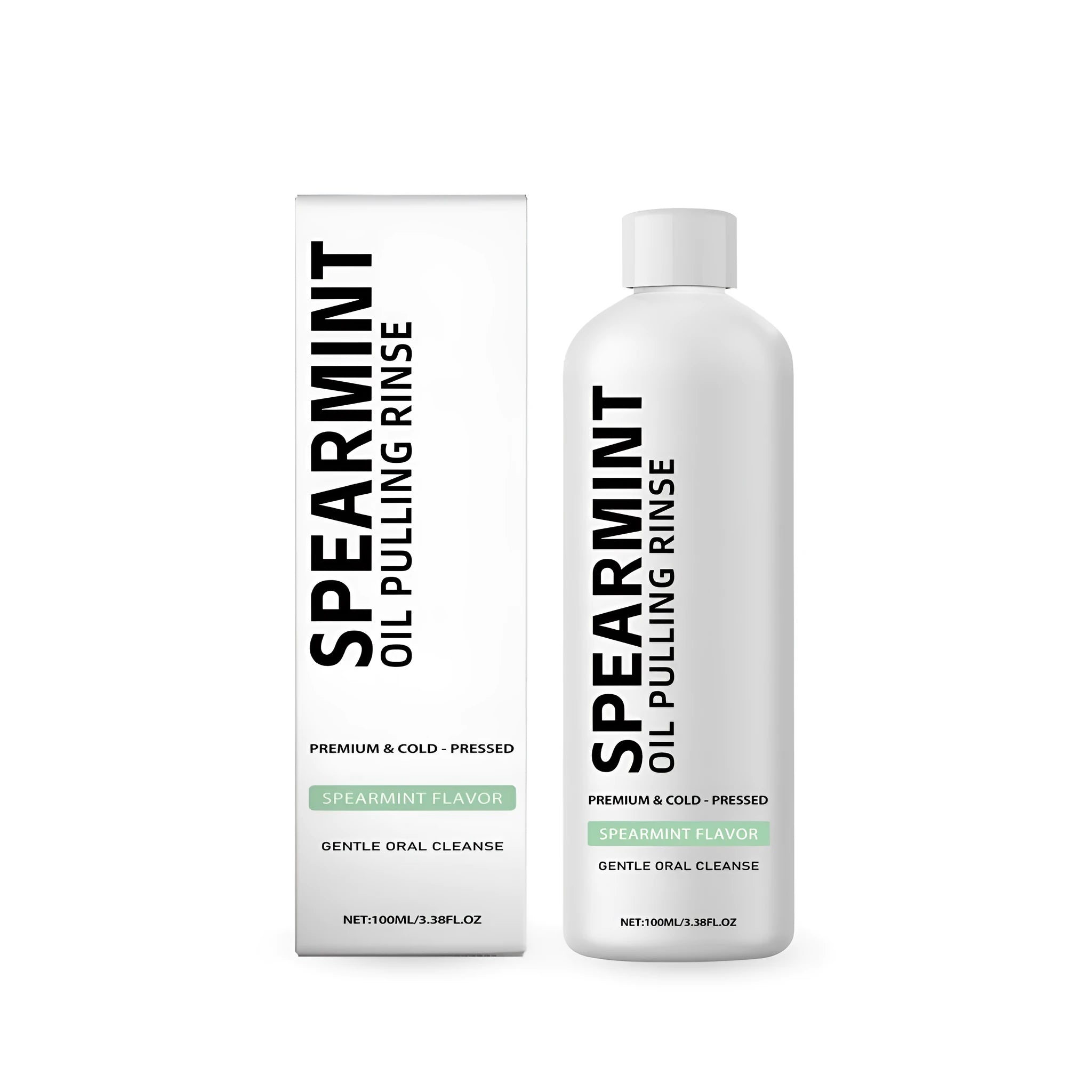 100 ml bottle of spearmint oil pulling rinse mouthwash with peppermint and clove oils.