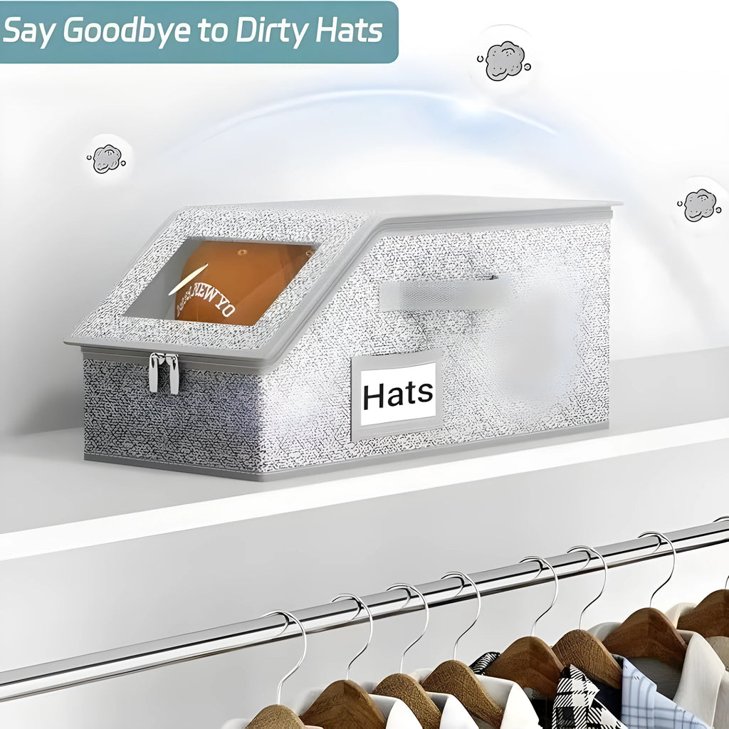 Grey foldable woven fabric storage box with lid, shown next to baseball caps.