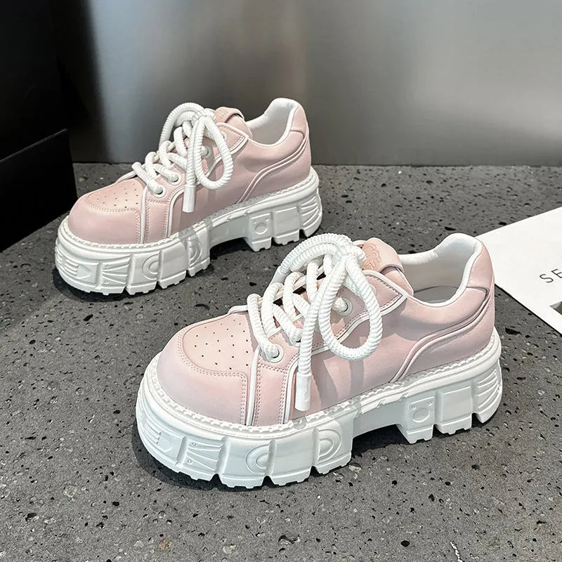Beige or pink leather casual platform shoes with a muffin bottom rubber foam sole.