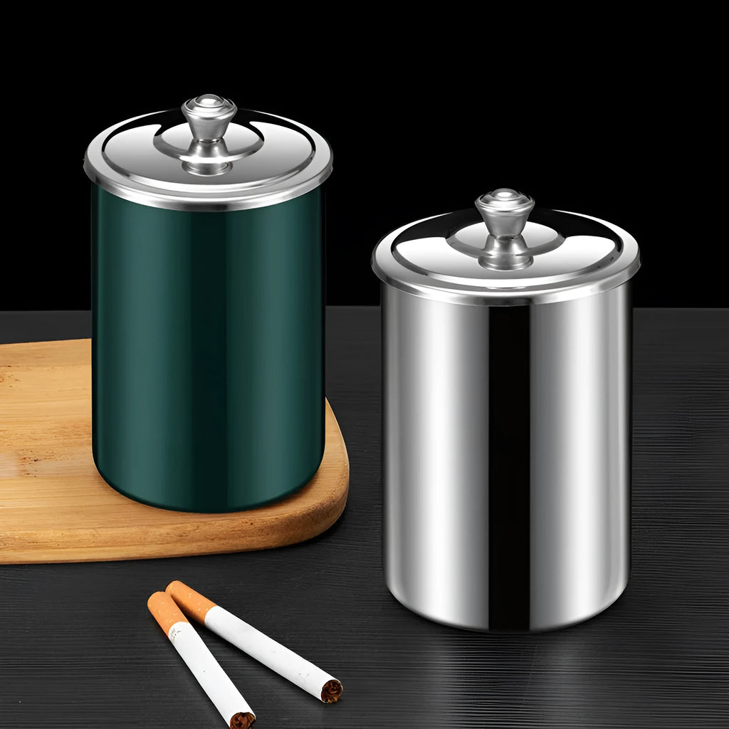 Stainless steel fly ash ashtray with a removable lid, shown in one of five colour options.