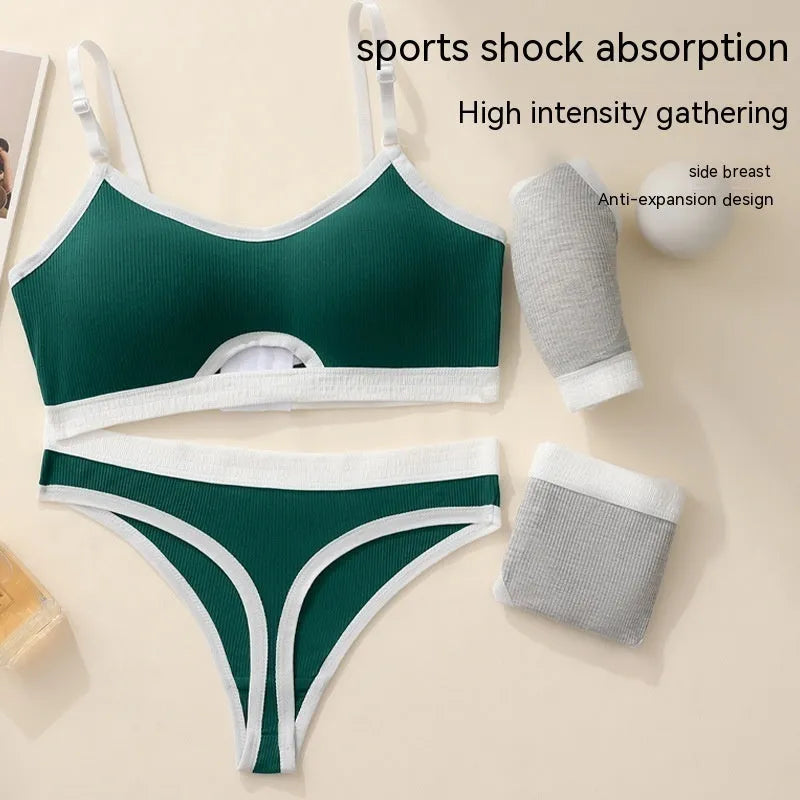 Underwired tube top sports bra set with moulded cups in black, dark grey, green, khaki, light grey and white colours