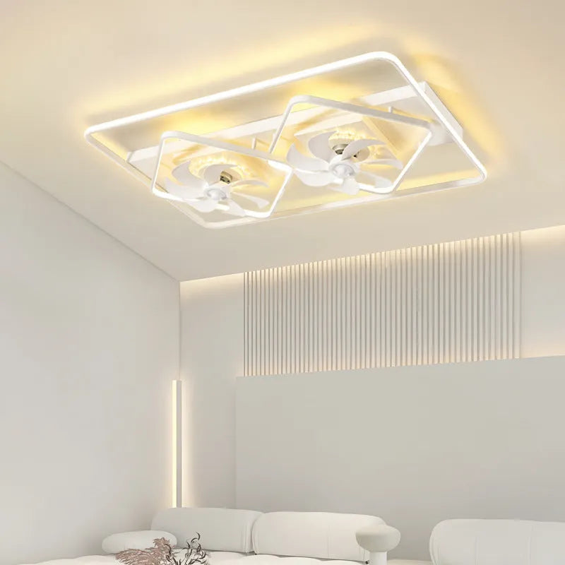 Modern white ceiling fan with light fixture, showing plastic blades and acrylic lampshade