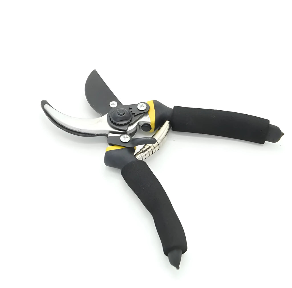 200mm garden shears with 50# steel Teflon-coated elbow blade, 30mm trimming diameter, and PVC handles in yellow or green