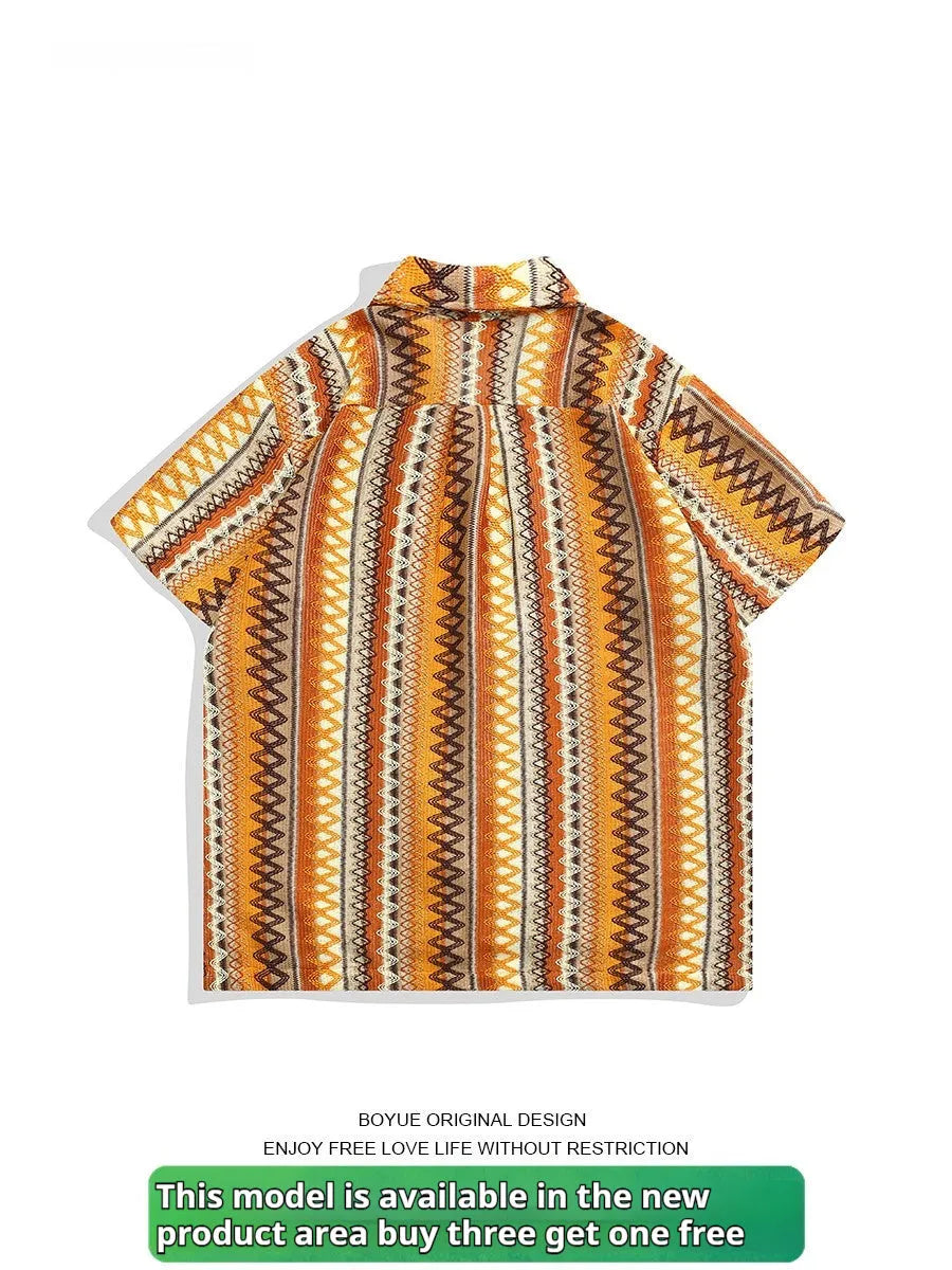 Loose fit ethnic style shirt with Cuban collar and contrast colour, featuring short drop-shoulder sleeves.