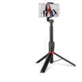 Selfie stick mobile phone Bluetooth universal tripod in army green with aluminium alloy and ABS frame, 40mAh battery, and compact folded size